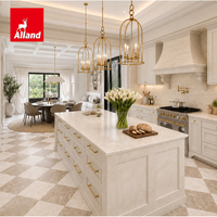 Armoires de cuisine blanches de style campagnard français Alland avec poignées dorées vintage, armoires de cuisine de luxe en forme de U avec îlot