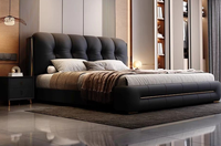 Lit double/grand lit moderne et minimaliste en cuir, avec rangement haut réglable, style crème, pour chambre principale, design italien minimaliste