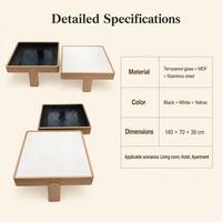 Ensemble de 2 tables basses carrées imbriquées, verre ondulé noir et plateau blanc, cadre en MDF plaqué chêne blanc, style moderne pour salon