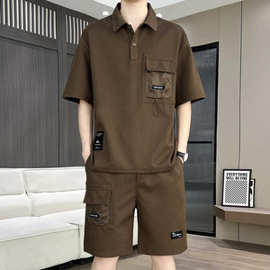 Nouvelle tendance de la mode estivale, chemise à manches courtes de couleur unie, ensemble multi-poches, ensemble sportif décontracté pour <span class=keywords><strong>homme</strong></span>, <span class=keywords><strong>grande</strong></span> <span class=keywords><strong>taille</strong></span>, ensemble deux pièces <span class=keywords><strong>4XL</strong></span> - Product Image 1