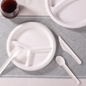 रेस्तरां के लिए सर्वोत्तम बायोडिग्रेडेबल डिस्पोजेबल 3-कम्पार्टमेंट गोल पेपर प्लेट खाद्य कंटेनर प्लेट डिज़ाइन करें