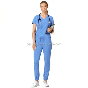नर्स चिकित्सा विरोधी शिकन आसान देखभाल खिंचाव पॉलिएस्टर रेयान स्पैन्डेक्स में रगडें सूट आरामदायक कपड़े
