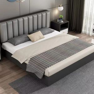 Cama Individual, Matrimonial, Queen Size y King Size 2023, de Cuero Sintético y Madera Maciza, Económica, Elegante y Suave, con Colchón, para Hotel, Alquiler o Apartamento - Product Image 1