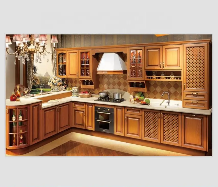 Custom made solid wood small kitchen cabinet set for L shape kitchen