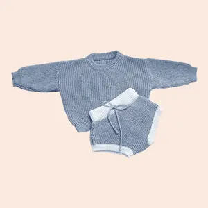 Baby Knit Bloomers Set Salpicado 100% Algodão Chunky Camisolas De Malha Jumpers Crewneck Bummies Shorts Loungewear Fabricante Infantil