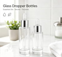 Flacon compte-gouttes rond en verre vierge non imprimé, avec embout en caoutchouc transparent, récipient vide pour le test de nouvelles formules cosmétiques