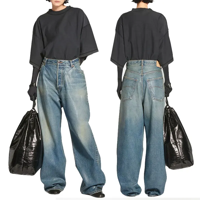 Pantaloni in Denim di cotone azzurro all'ingrosso personalizzati Jeans larghi a gamba larga a vita alta da donna