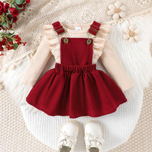 Комплект из двух предметов с длинным рукавом для маленьких девочек, однотонный пуловер, куртка на бретельках, Модная хлопковая юбка с застежкой на пуговицах - Product Image 1