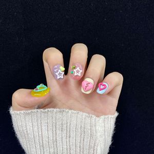 เล็บปลอมทรงดาวเทียมทรงสั้นสีสันสดใสพิมพ์ลายดาวแบบสั้นเล็บปลอมสไตล์ไทย - Product Image 1