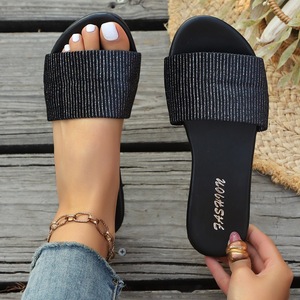 Wide Strap <b>Glitter</b> Stripe <b>Flat</b> Slide <b>Sandals</b> Slip On Open Toe Slippers Indoor Outdoor Summer Beach Footwear - Product Image 6