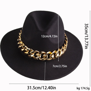 Chapeau de cowboy noir en polyester, forme dôme, avec chaîne décorative, M56-58cm, accessoire de mode, style individualiste - Product Image 5