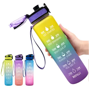 32oz Motivational Gradient BPA FREE GYM Fitness Sports Leakproof Wide Mouth Tritan Plastic Water Bottle with Time Marker