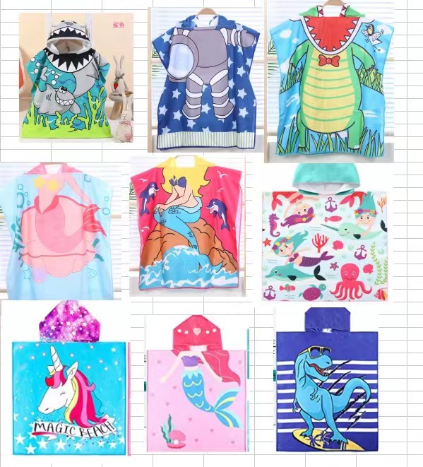 High Quality Microfiber Kids Cartoon Beach Children Printed Hooded Towel Cartoon Ponchos Beach Towel cute