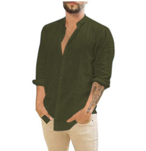 Camisas de lino para hombre, <span class=keywords><strong>camisa</strong></span> informal de manga larga con cuello de banda para Primavera/otoño, camisas <span class=keywords><strong>Hippie</strong></span> de playa de verano tejidas de satén para exteriores - Product Image 5