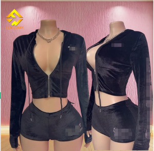 2025 nuovo set Casual autunno 2 pezzi completo da donna con cerniera a maniche lunghe felpe con cappuccio Top + Shorts completo - Product Image 1