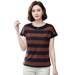 <b>Women's</b> Striped Crew Neck Short Sleeve T-Shirt Regular Fit Casual Knitted Cotton Top Anti-Shrink Logo 180g Spring Summer - Product Image 1