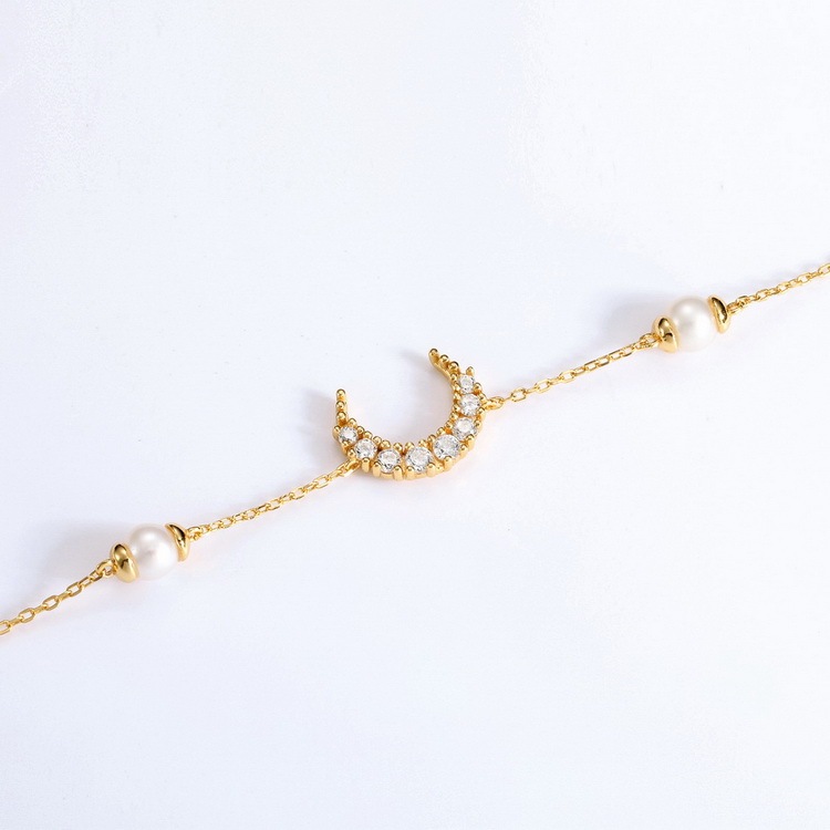 Cz encanto de diamante joyería de las señora cadena ajustable pulsera de perlas de agua dulce de media luna Luna encanto pulsera
