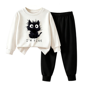 Set di Abbigliamento 2 Pezzi per Bambine con Stampa Divertente di Gatti, Felpa Larga e Pantaloni Neri, Outfit Quotidiano per Bambini Personalizzato - Product Image 4