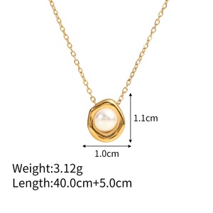 Bijoux vintage Chaîne à maillons en acier inoxydable Collier de perles Pendentif irrégulier Collier de perles blanches pavées - Product Image 6