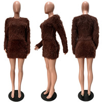 Ensemble tricoté en fausse fourrure de vison douce et moelleuse pour l'hiver, pull à col rond à manches longues, jupe moulante, ensemble deux pièces