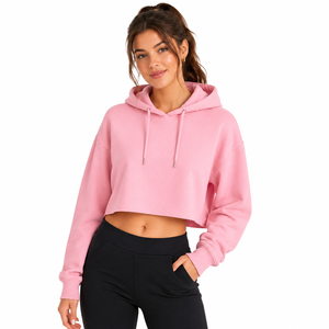 Sweat-shirt à capuche court et ample pour femme, couleur unie, hiver, style streetwear décontracté, avec logo frontal - Product Image 1
