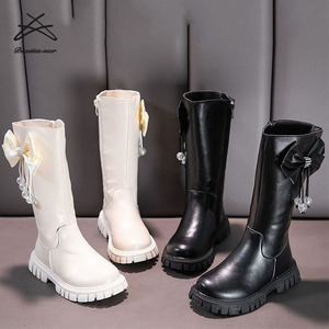 Nouvelles <span class=keywords><strong>Bottes</strong></span> Hautes pour Filles 2022, Mode Bébé Automne Hiver, Chaussures pour Enfants en <span class=keywords><strong>Cuir</strong></span> PU, Longueur Genou, Nœud Papillon Perlé, Style Doux - Product Image 2