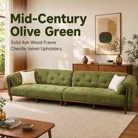 Canapé de salon haut de gamme 3 places 300 cm en velours chenille vert olive avec cadre en bois de frêne crème style Mid-Century