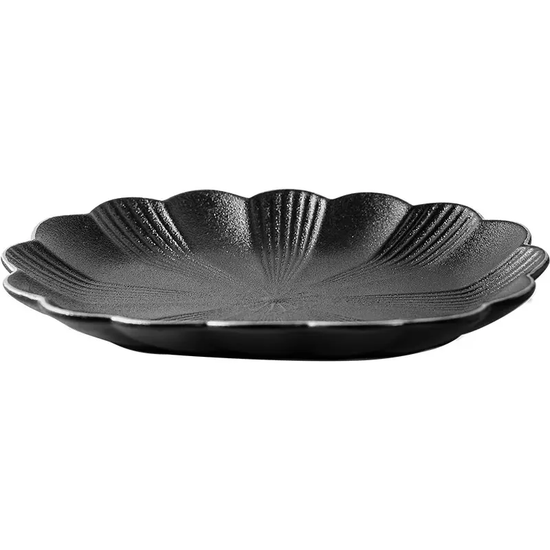 Керамические овальные тарелки в форме лепестков с золотым ободком, недорогие матовые черные керамические тарелки для ресторана, отеля