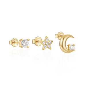 CANNER Lot de 3 boucles d'oreilles clous en argent sterling S925, mini, simples, en forme de lune, étoile, pétales de fleurs et boule, ensemble de boucles d'oreilles géométriques multi-formes - Product Image 1