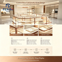Kiosque de présentation de bijoux de luxe sur mesure en or rose, vitrine à bijoux en verre éclairée par LED, comptoir d'îlot pour bijouterie de centre commercial