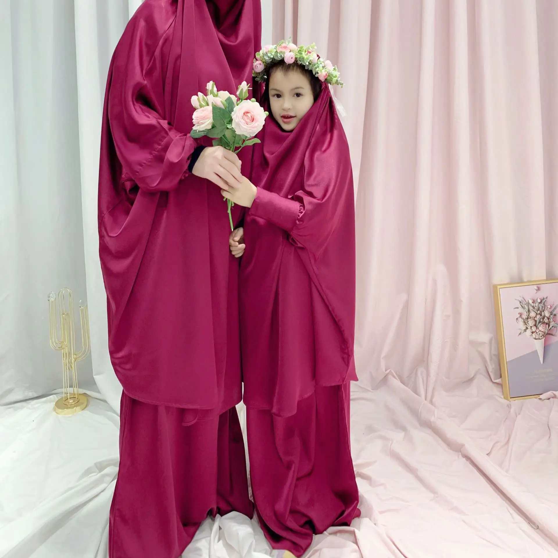 Turkey&Dubai Muslim casual solid color satin two pieces sets ramadan abaya kaftan Large swing solid color parent-child robe