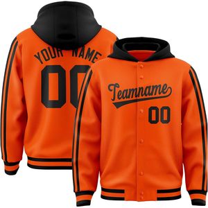 Veste universitaire personnalisée unisexe pour adulte, à capuche, style baseball, avec nom, numéro et logo d'équipe brodés, orange et noir - Product Image 1