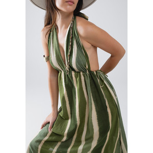 Abito lungo con scollo a V e spacco laterale in verde tie-dye a righe - Product Image 1