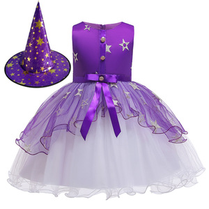 Halloween Witch Costume Dress For Girls With Hat Black Star Print Tulle Skirt Cosplay Performance Outfit - Product Image 3
