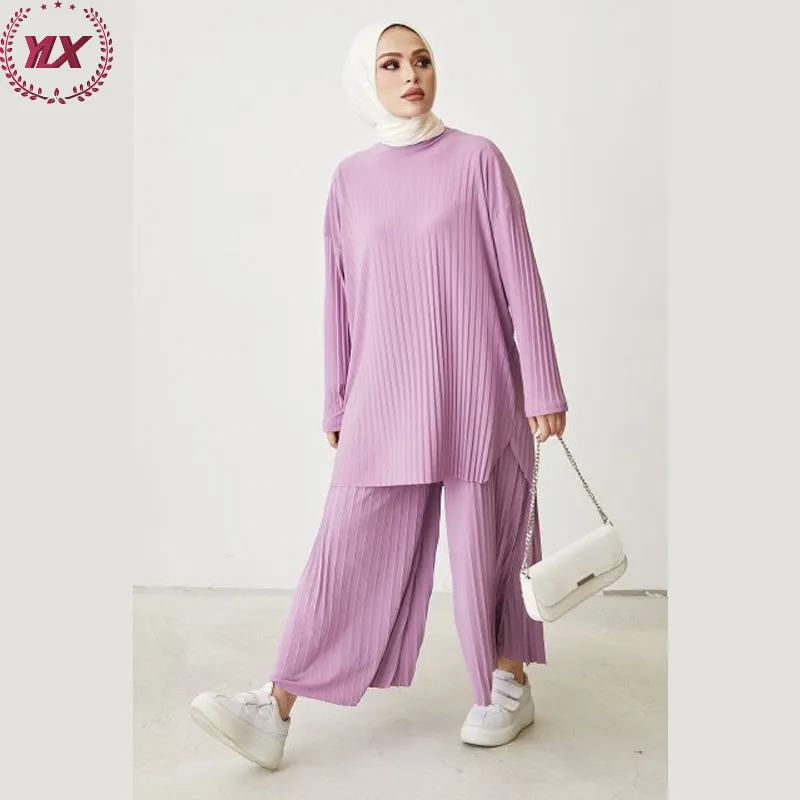 Elegante tinta unita abbigliamento musulmano girocollo per donna ultimo arrivo 100% poliestere vendita calda vestiti pieghettati tunica floreale