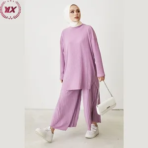 Elegant Solid Color Muslim Clothing Round Neck For Woman Latest Arrival 100% Polyester Hot Sale Pleated Clothes Floral Tunic