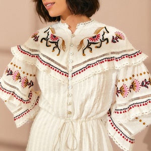 Nuovo arrivo abito da donna in puro cotone mezzo abbottonato con maniche <span class=keywords><strong>a</strong></span> <span class=keywords><strong>palloncino</strong></span> Mini abito Casual <span class=keywords><strong>taglie</strong></span> <span class=keywords><strong>forti</strong></span> ricamato abito da Resort - Product Image 3