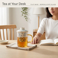 Tasse en verre texturé avec revêtement en céramique 400 ml, motif floral, tasse à thé avec couvercle, poignée dorée, ensemble de tasses à café et à eau