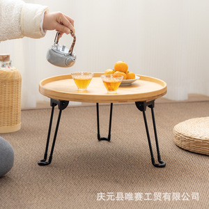 Bamboo <b>Folding</b> Round Coffee <b>Table</b> Metal Frame Minimalist Design Outdoor Indoor Use <b>Small</b> Tea <b>Table</b> - Product Image 5