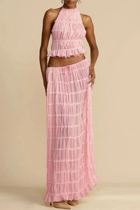 Conjunto de 2 piezas para mujer, primavera-verano, de poliéster liso, con top halter sin espalda y falda larga maxi con volantes de encaje - Product Image 2