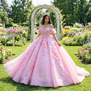 Robe de soirée Dy1543 rose avec appliques de cristaux et de sequins, robe de bal longue avec fleurs 3D pour - Product Image 1