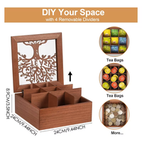 Boîte de rangement en bois sculpté ajouré, multi-compartiments, pour sachets de thé, avec couvercle à charnière, pour la maison et la cuisine