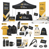 Lot de cadeaux promotionnels pour la sensibilisation électorale : Nappe personnalisée, drapeau, brochure, casquette, gobelet, badge pour événements communautaires