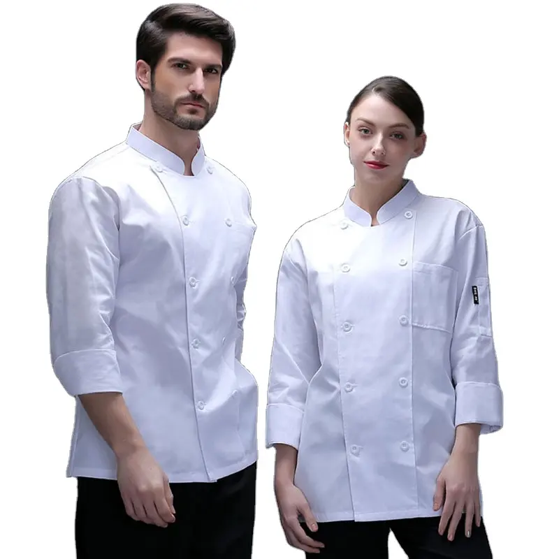 Ropa de trabajo de chef profesional, uniforme blanco de manga larga para hombre, logotipo bordado, ropa de trabajo para hornear, restaurante, hotel, mujer