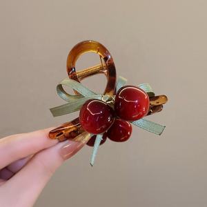 Women's Medium <b>Ribbon</b> Bow Hair Claw Clip Tempered Cherry Pendant Shark Hair Clip Elegant Plastic Hair Accessory - Product Image 2