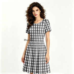 <span class=keywords><strong>Robe</strong></span> classique à <span class=keywords><strong>carreaux</strong></span> noirs <span class=keywords><strong>et</strong></span> blancs pour femmes, jupe trapèze vintage à <span class=keywords><strong>carreaux</strong></span>, poches latérales doubles, manches courtes, style décontracté - Product Image 1