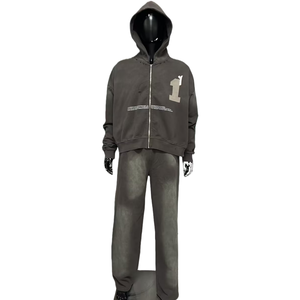 Ensemble survêtement unisexe surdimensionné personnalisé OEM avec fermeture éclair et strass, pantalon de survêtement évasé et sweat-shirt, streetwear pour hommes, ensemble de survêtement délavé à l'acide - Product Image 1