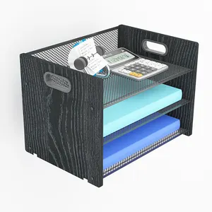 İstistackable Metal Mesh masası dosya tepsisi 3 katmanlı kağıt tepsisi belge dosya organizasyonu ahşap masa dosya düzenleyici