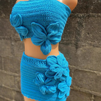 Nouvelle Robe Bikini Décontractée d'Été en Crochet Tricoté Bleu Naturel, Coupe Mini Trapèze, Style Européen et Américain, Sexy, Effet Cache-cœur