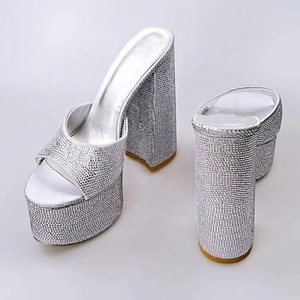 Silver Rhinestone Open Toe Block High Heel <b>Shoes</b> Slip-on Sandals Summer Thick Platform Heeled Slipper for Lady Size 43 - Product Image 1
